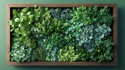 Framed herb garden wall art, indoor greenery, home decor, green background