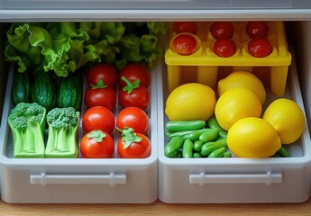 Colorful Plastic Play Food Set – Realistic-Looking Vegetables and Fruits in a Modern Refrigerator Drawer for Creative Imaginative Play and Kitchen Role-Playing Activities