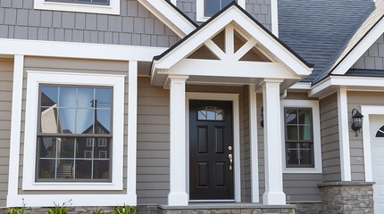 Gray House Exterior with White Trim, Door, and Windows