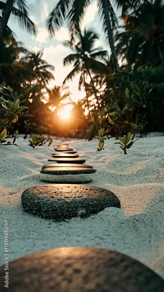 Poster sunset glow illuminating a pathway of stones on a sandy beach with palm trees in the background