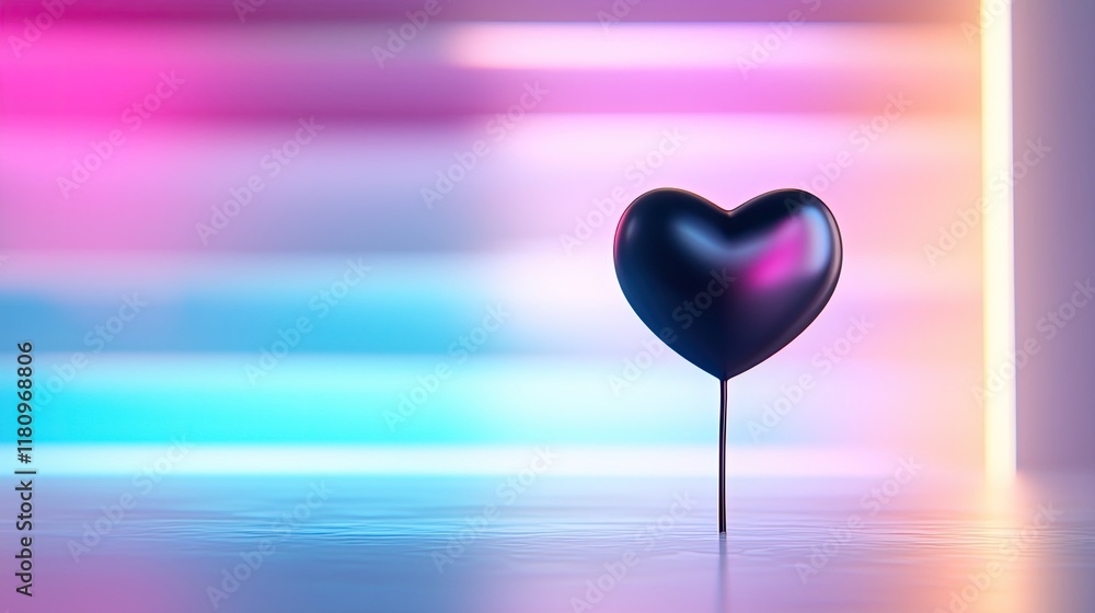 Poster elegant black heart shape on a soft gradient background with colorful neon lights and reflections