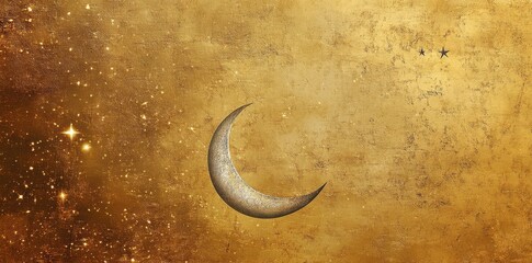 Golden Night Sky Crescent Moon and Stars