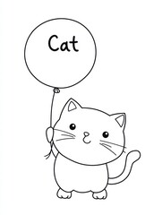 Cute Cat Holding Balloon: Adorable cartoon cat with a happy expression, holding a balloon labeled "Cat", perfect for coloring pages, children's books, and educational materials. 