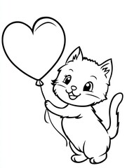 Obraz premium Cute Cat With Heart Balloon Coloring Page 