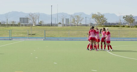 Female hockey players celebrating goal on outdoor field with goalie watching - Powered by Adobe