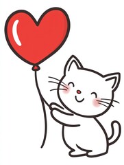 Obraz premium Adorable Cat with Heart Balloon: A charming illustration of a cheerful white cat holding a heart-shaped balloon. Perfect for Valentine's Day, romantic occasions, or expressing affection. 