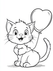 Cute Kitten with Heart Balloon: A delightful illustration of a cheerful kitten holding a heart-shaped balloon, perfect for Valentine's Day, birthday cards, and children's books.  
