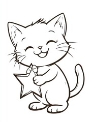Obraz premium Happy Kitten with Star: A delightful line drawing of a cute kitten holding a star, perfect for coloring pages, children's books, or any project that needs a touch of playful charm. 