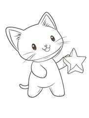 Smiling Cat with Star: A charming and adorable cartoon cat with big, bright eyes and a cheerful smile, holds a star in its paw, ready to brighten your day.