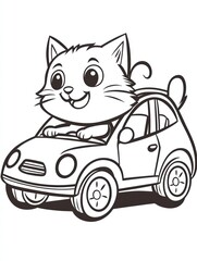 Happy Cat Driver: An adorable cartoon kitten enjoys a ride in its tiny car, its cheerful expression and simple design perfect for children's books, coloring pages, or playful branding. 