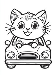 Cute Cat Driver: A charming cartoon illustration of a cat driving a car, perfect for children's books, coloring pages, or any project that needs a touch of adorable whimsy. 