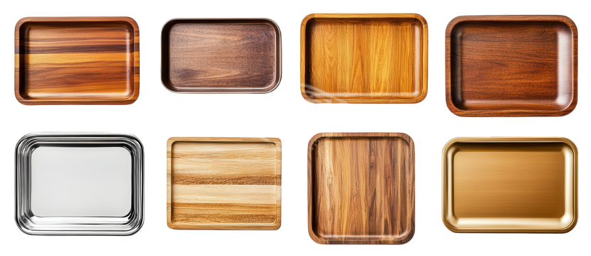 collection of eight trays in various materials and finishes. including wood. metal. and a glossy surface these trays are designed for serving or organizing items. showcasing different textures and col