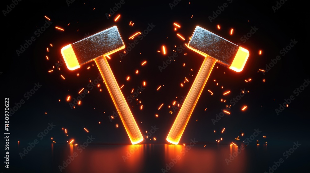Aufkleber two glowing hammers creating sparks in dark setting with dynamic light effects and a shimmering back