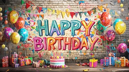 Fototapeta premium Vibrant Birthday Celebration: A Colorful Graffiti Wall Backdrop with Balloons, Cake, and Gifts