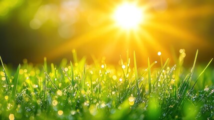 Obraz premium Dew-kissed grass sunrise, bokeh background, nature scene (2)