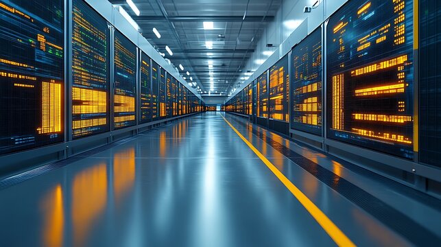 Server room with glowing screens and data.