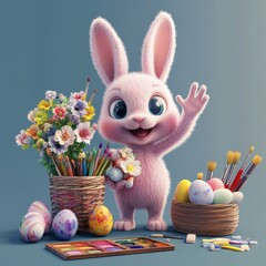 A playful pink bunny waves cheerfully while surrounded by vibrant flowers and colorful Easter eggs, depicting joy and celebration.