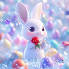 An endearing white bunny holds a rose, amidst pastel-colored eggs, showcasing love and joy during the Easter celebration.