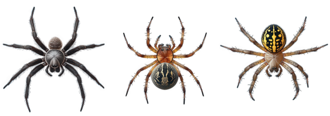 three different species of spiders displayed on a white background. showcasing their distinct colors and patterns for educational or scientific purposes