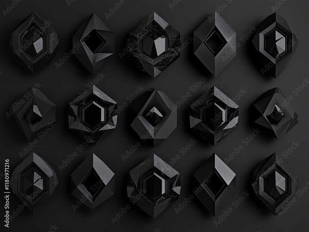 Poster dark composition adorned with sleek black geometric shapes, creating a visually striking and enigmat