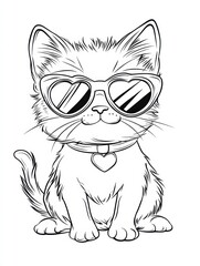 Obraz premium Cool Cat in Shades: A cute kitten coloring page, wearing heart-shaped sunglasses and a heart-shaped collar. Perfect for kids and cat lovers.