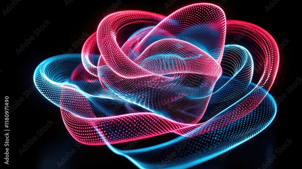 Poster abstract 3d flower in neon colors with lines and curves on dark background, digital art representati
