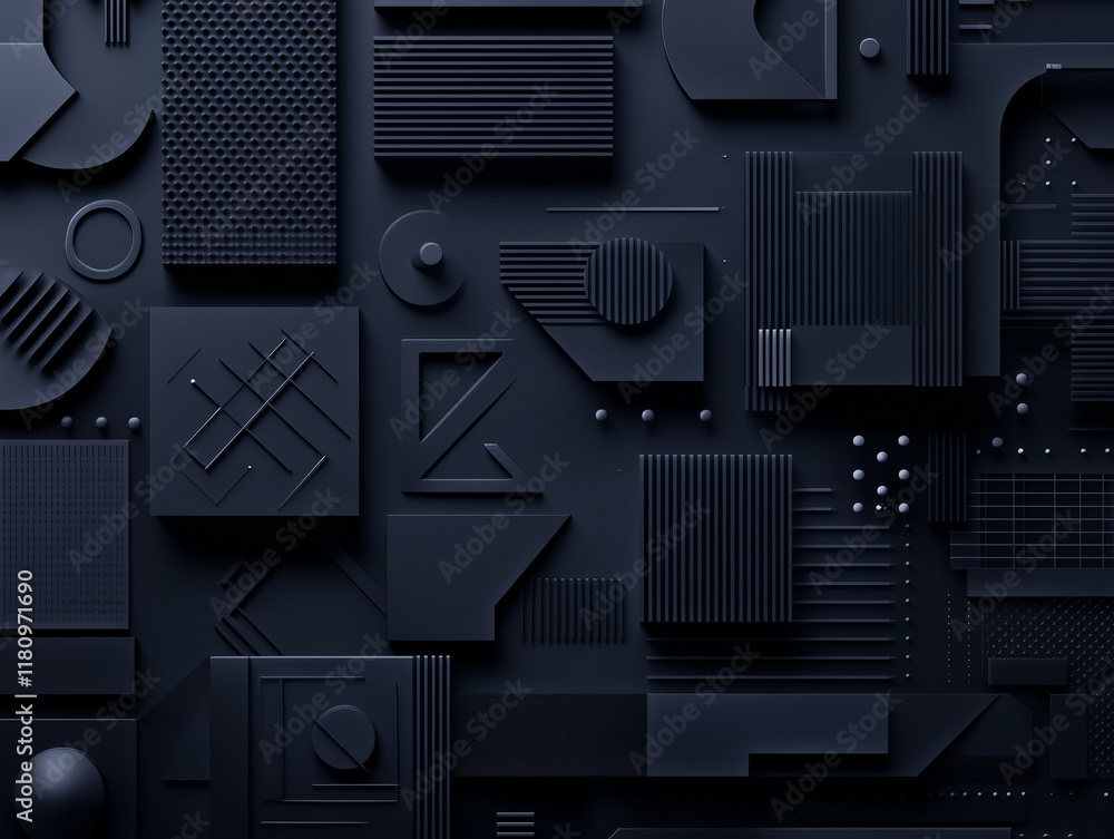 Poster dark composition adorned with sleek black geometric shapes, creating a visually striking and enigmat