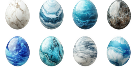 collection of eight decorative eggs. each showcasing unique marble-like patterns in shades of blue. teal. and white these visually appealing designs can serve as artistic elements for various projects