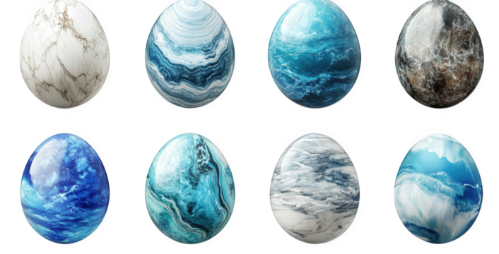 collection of eight decorative eggs. each showcasing unique marble-like patterns in shades of blue. teal. and white these visually appealing designs can serve as artistic elements for various projects