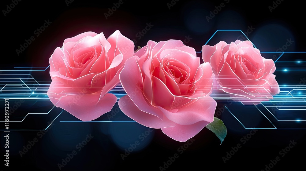 Poster digital art of three pink roses against a futuristic background with abstract circuits and glowing e