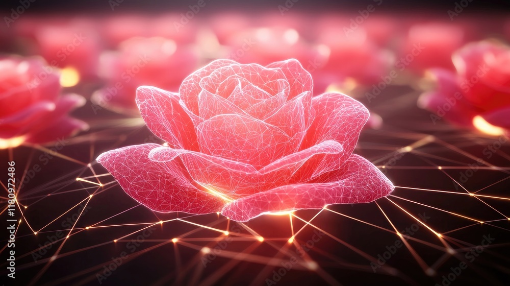 Poster digital representation of a rose with abstract lines and points, colorful background, concept of nat