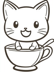 Fototapeta premium Cat in a Teacup: A cartoon illustration of a cute, happy cat nestled inside a teacup, perfect for adding a touch of whimsical charm to any design.