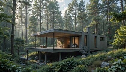 Forest House With Deck And  Perfect just Peaceful Relax in The Connection With Nature Modern Architecture