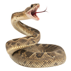 Obraz premium Desert oasis wildlife coiled rattle snake with rattle raised in close-up, isolated on white or transparent background