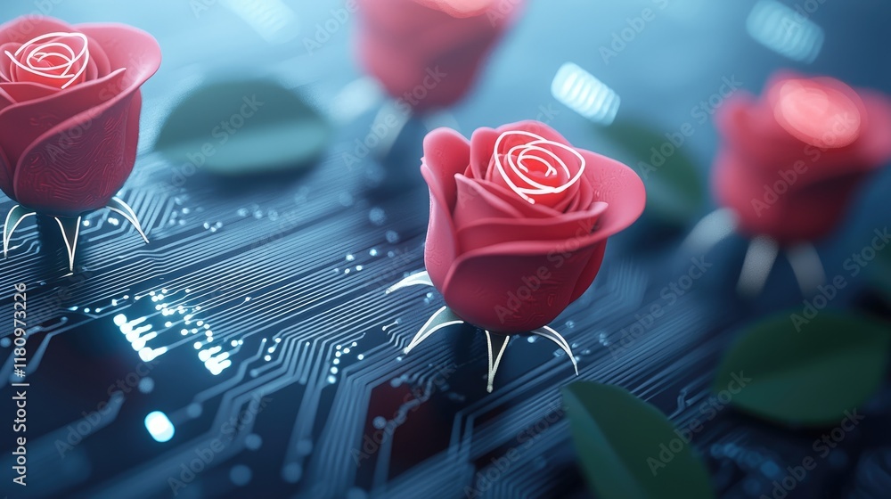 Poster imaginative integration of nature and technology with glowing roses on circuit board background