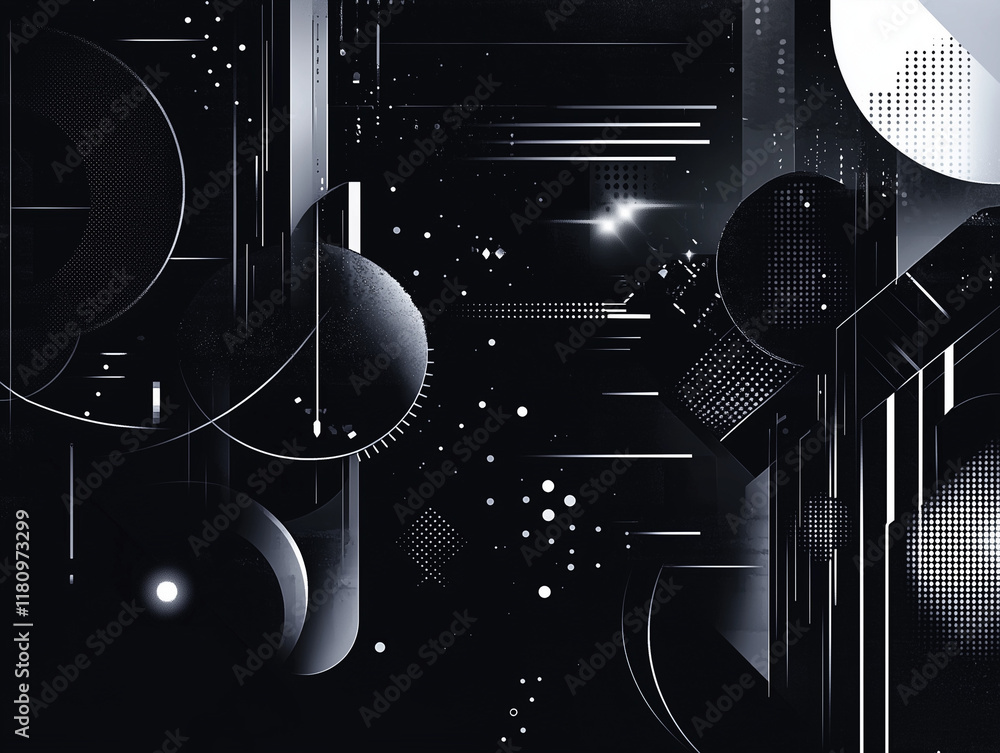 Poster dark composition adorned with sleek black geometric shapes, creating a visually striking and enigmat