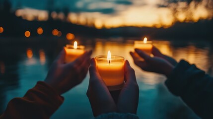 Sunset lake memorial candlelight vigil hands