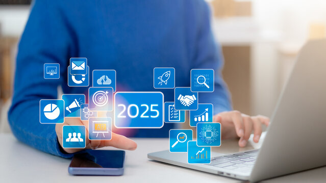 Businessman plans strategy marketing and finance for 2025, planning business growth with technology, AI, and environmental care to New Year resolutions business. digital transformation 2025 - Powered by Adobe