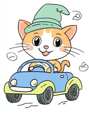 Cat on the Road to Adventure: A whimsical illustration of a cute cat in a green hat driving a blue car, perfect for children's books, greeting cards, and more.  