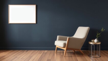 Modern living room with armchair and blank frame