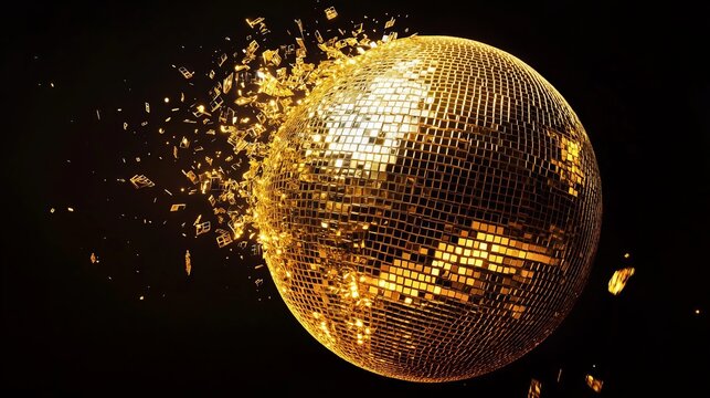 Golden disco ball exploding on black background