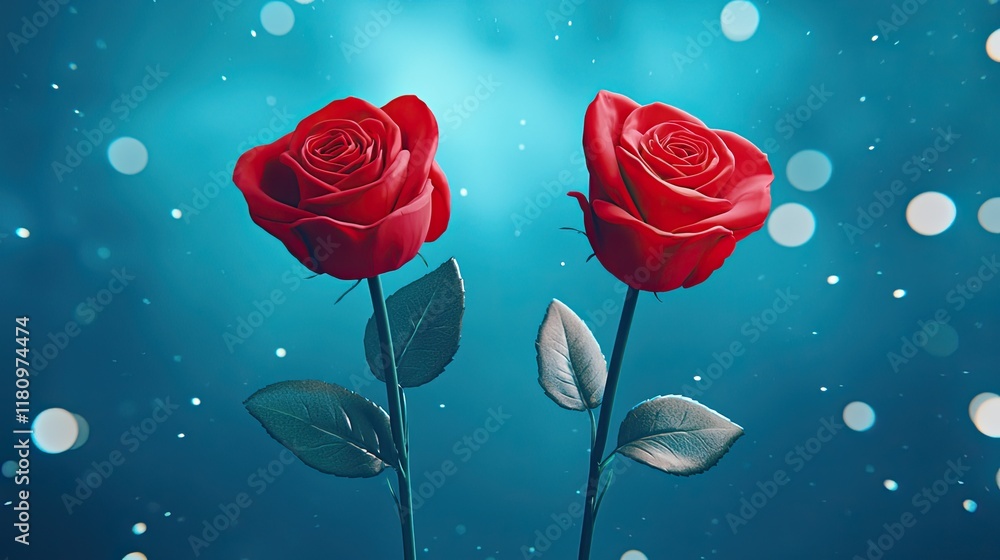 Poster two elegant red roses with soft bokeh background and shimmering lights for romantic themes
