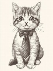 Obraz premium Sophisticated Kitten: A charming illustration of a tabby kitten, meticulously rendered in monochrome, sporting a stylish bow tie and necktie, exuding an air of quiet confidence. 