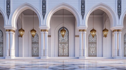 Obraz premium Elegant white Islamic architecture with arched entryways, ornate windows, and hanging lanterns.