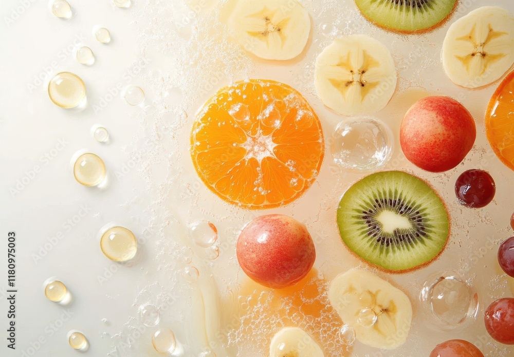 Poster fresh and colorful assortment of fruits with bubbles on a light background inviting a refreshing and