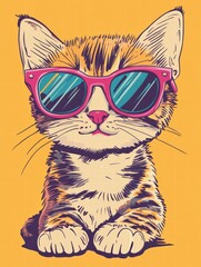 Cool Cat in Shades: An illustration of an adorable tabby kitten sporting stylish pink sunglasses, exuding a vibe of cool confidence against a warm yellow background. 