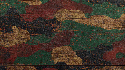 Fototapeta premium Camouflage Wood Texture: Vintage Grunge Background, Rustic Design, Military Style, Dark Green Brown Red Black Beige Wallpaper