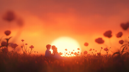 romantic couple shares tender moment in flower filled field at sunset. warm colors create dreamy atmosphere