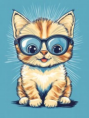Fototapeta premium Cool Cat in Shades: A cute, cartoonish kitten sporting a pair of stylish shades, radiating a cool and confident vibe with a playful grin. The vibrant blue background enhances the overall aesthetic.