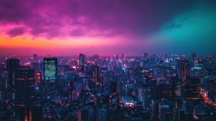 A vibrant city skyline at dusk, showcasing colorful lights and clouds.
